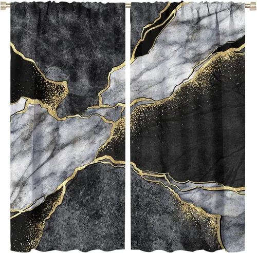 Miniatura 53 de Cortinas abstractas de mármol de lujo de lujo azul marino dorado a rayas con patrón de mármol estampado para dormitorio, sala de estar, cortinas