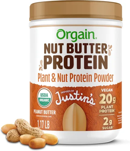 Orgain X Justin's® - Proteína en polvo orgánica vegana con mantequilla de nueces, mantequilla de maní - 20 g de proteína vegetal, 2 g de azúcar, sin