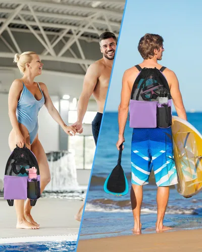 Miniatura 7 de BROTOU Mochila de playa para natación con bolsillo húmedo de malla y cordón, bolsas para nadar, gimnasio Púrpura