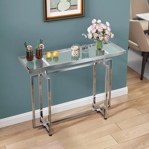 Miniatura 5 de ASYA Mesa consola de cristal para entrada, mesa de entrada moderna con vidrio templado y marco cromado, mesa de sofá plateada para sala de estar