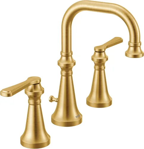 Moen TS44102BG Colinet - Grifo de baño tradicional de arco alto con dos manijas, con asas de palanca, requiere válvula, oro cepillado