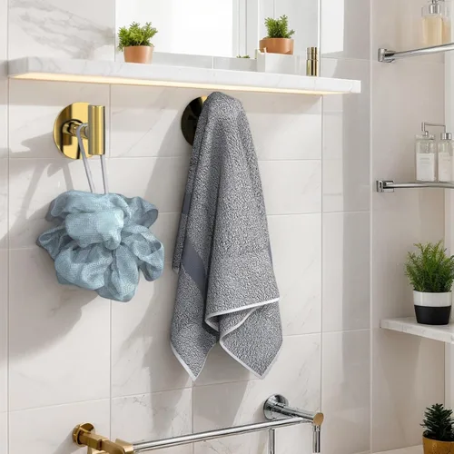 Miniatura 4 de Ganchos de pared de acero inoxidable dorado, ganchos autoadhesivos resistentes para abrigos, toallas, batas, sombreros, delantales – Sin perforación