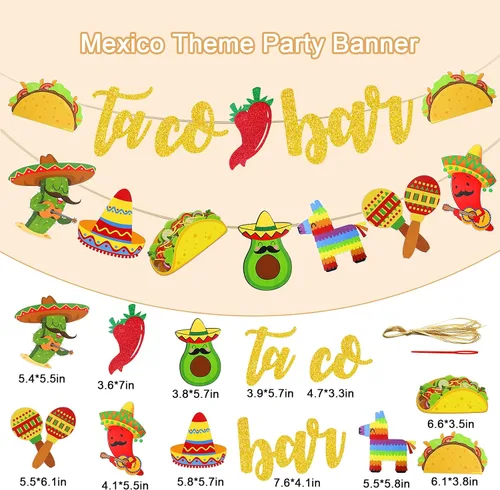 Miniatura 2 de Fiesta Taco Bar Banner Garland 2 juegos de fiesta mexicana fiesta bandera con cactus burro maraca sombrero taco pimienta para fiesta temática