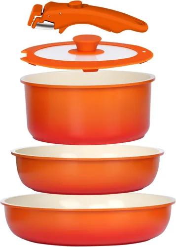 Miniatura 14 de GiPP Juego de 5 piezas de ollas y sartenes antiadherentes, juego de utensilios de cocina antiadherentes con mango desmontable, ollas de cerámica
