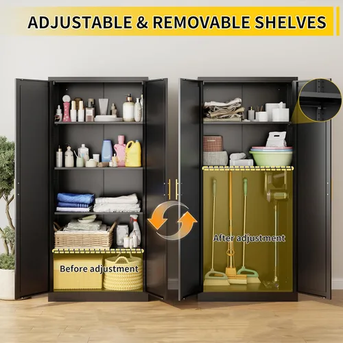 Miniatura 6 de Gabinete de metal para despensa de cocina, 71 pulgadas de alto x 28 pulgadas de ancho x 14 pulgadas de profundidad con 2 puertas y 4 estantes Negro