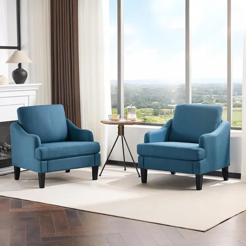 Miniatura 16 de VINGLI Juego de 2 sillas decorativas de tela de lino, sillón tapizado moderno verde, cómodo sofá, sala de estar, dormitorio, muebles para apartamento
