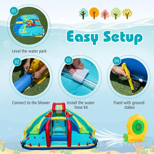 Miniatura 5 de HONEY JOY Tobogán acuático inflable con soplador de 680 W, tobogán largo doble gigante/casa de rebote/pared de escalada/carrera de obstáculos, cañón
