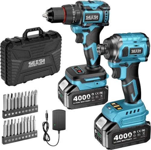 SEESII Taladro inalámbrico de 21V máximo y atornillador de impacto, kit combinado de herramientas eléctricas incluido taladro de 3/8 pulgadas y