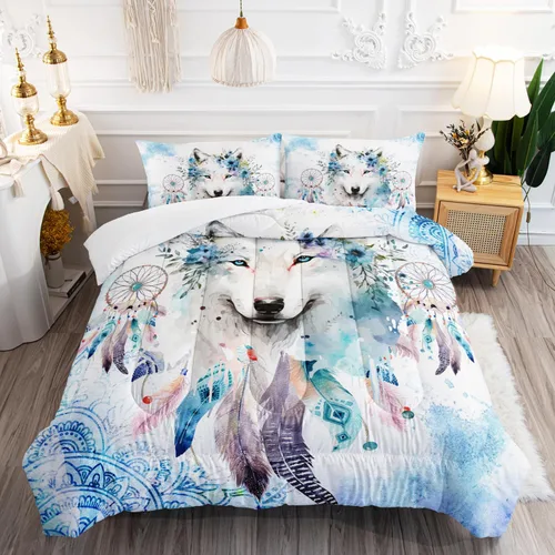 Miniatura 20 de AILONEN Juego de edredón con cabeza de lobo impresa tamaño individual, juego de ropa de cama de lobo para la noche para niños y hombres, juego