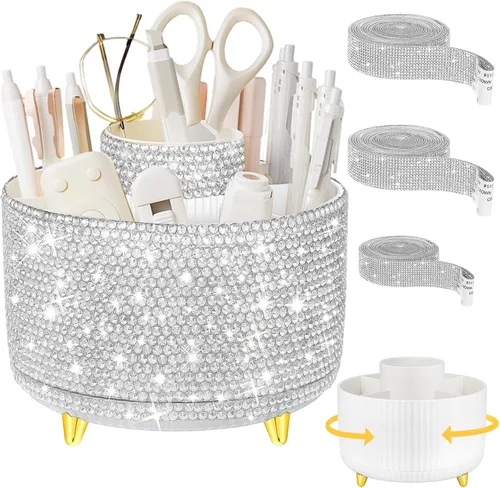 Yi-gog Organizador de maquillaje giratorio de 360° con soporte para brochas de bricolaje con diamantes para mujeres y niñas, tocador, escritorio,