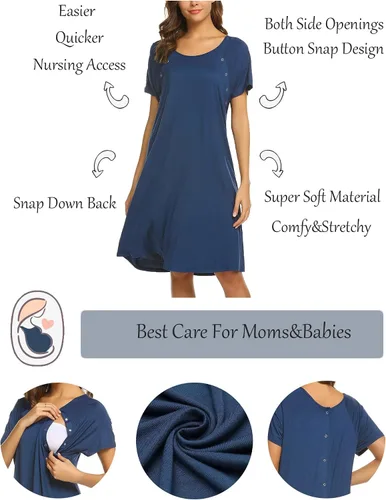 Miniatura 2 de Ekouaer - Camisón con botones y manga corta para mujer, vestido para lactancia, parto, hospital y maternidad, tallas S-XXL