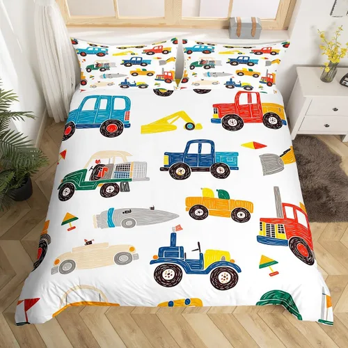 Miniatura 12 de Erosebridal Juego de funda de edredón de tren de dibujos animados para niños, color rojo y azul, funda de edredón de vehículos para niños