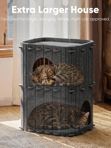 Miniatura 4 de FUKUMARU Casa para Gatos de Interior, Cama Cueva Grande para Gatos de 2 Pisos, Túnel Condo Escondite Acogedor Cubierto de Fieltro para Múltiples