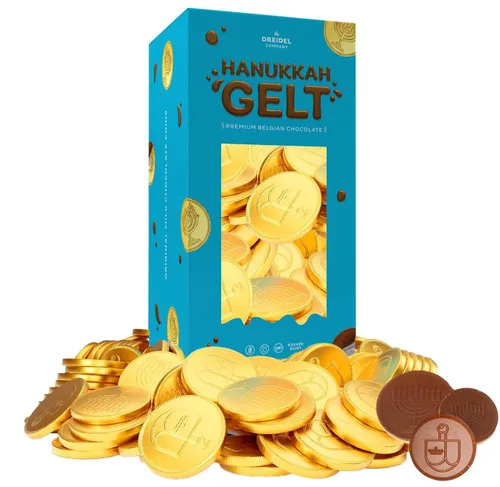 The Dreidel Company Gelt de Hanukkah, sin nueces, monedas belgas, monedas de oro envueltas en papel de aluminio, gelt kosher de Janucá (1 libra)