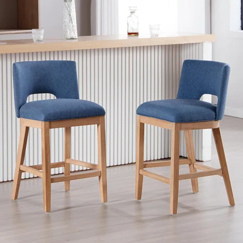 Miniatura 9 de Chairus Juego de 2 taburetes de bar de 26" sin brazos, acolchados con respaldo de madera y patas, taburetes tapizados en tela de lino para encimera