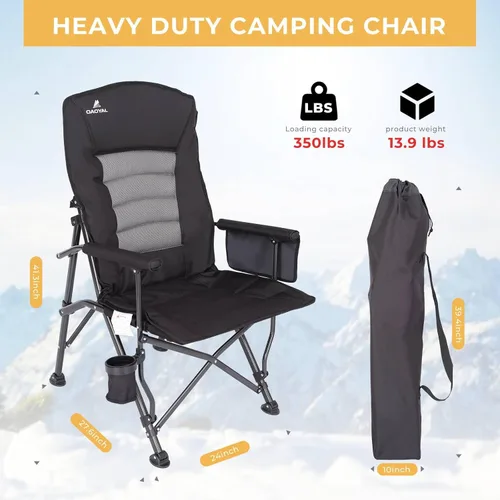 Miniatura 3 de Sillas de campamento para adultos, respaldo ajustable, silla de campamento plegable de gran tamaño, soporta 350 libras para exteriores con Negro