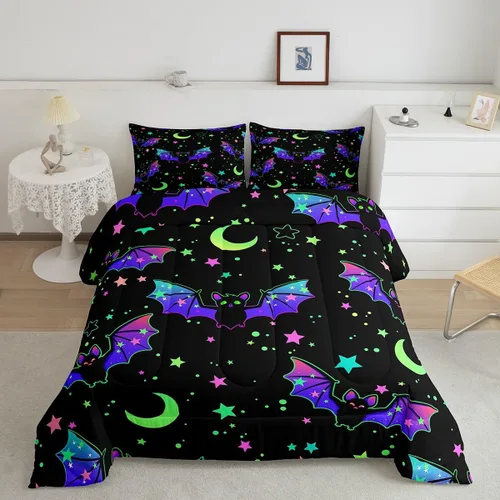 Miniatura 18 de Erosebridal Juego de ropa de cama de murciélago de Halloween, tamaño individual, juego de edredón de estrellas con purpurina y galaxia para niños