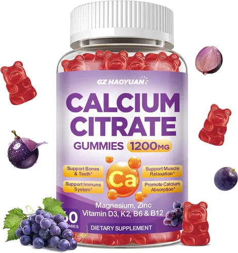 Miniatura 19 de Gomitas de citrato de calcio - Suplementos de 1200 mg de calcio en gomitas para mujeres y hombres con vitamina D3, K2, magnesio, zinc de alta