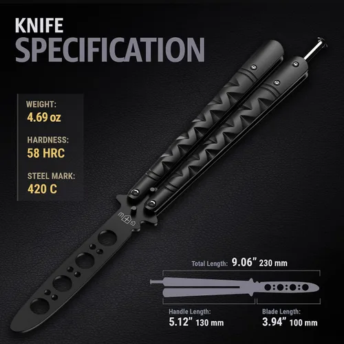 Miniatura 3 de GOOD WORKER Cuchillo Mariposa - Entrenador Balisong - Entrenador de Mariposa de Práctica Negro con Pestillo de Resorte Seguro - Cuchillos Balisong