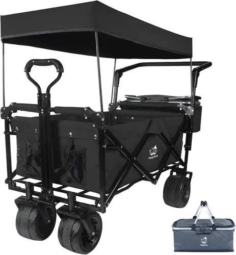 Miniatura 12 de Carro plegable con toldo extraíble y bolsa enfriadora, carrito plegable resistente con ruedas todo terreno de 4 pulgadas para campamento, playa