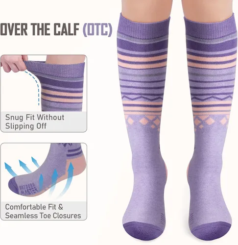 Miniatura 4 de 2 paquetes de calcetines de esquí de lana de merino, sobre la pantorrilla (OTC) antideslizantes para hombres y mujeres