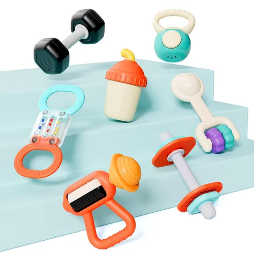 Miniatura 6 de iPlay, iLearn Baby First Gym - Juego de sonajeros de dentición para bebés de 3 a 6 a 12 meses, juguete sensorial de entrenamiento para recién