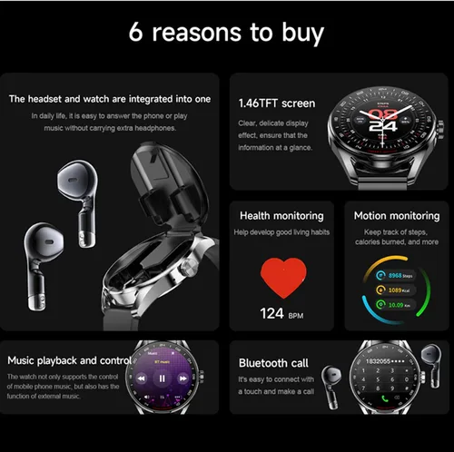 Miniatura 3 de Reloj inteligente D9 con auriculares incorporados de 1.46 pulgadas, llamadas Bluetooth, reloj 2 en 1, monitor de salud y fitness, monitor de sueño