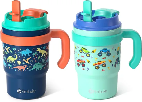 Fimibuke Vaso aislado para niños de 16 onzas con asa y pajillas, paquete de 2 vasos de acero inoxidable 18/8 sin BPA con tapas 2 en 1, a prueba de