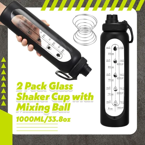 Miniatura 2 de LemonRoad Paquete de 2 botellas de vidrio grandes de 34 oz/1 L con bola mezcladora 304SS, juego de tazas mezcladoras para mezclas de proteínas