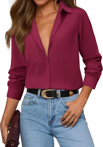 Miniatura 9 de siliteelon Camisas con botones para mujer, camisa de vestir de algodón de manga larga con cuello, camisa de negocios, trabajo, oficina, blusa