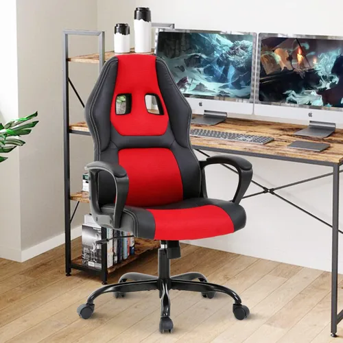 Miniatura 8 de Silla ergonómica para juegos de PC, respaldo alto, con soporte lumbar, reposabrazos ajustable, de piel sintética, giratoria, escritorio de oficina