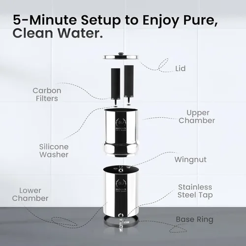 Miniatura 6 de 1.5 G Filtro de agua por gravedad Certificado NSF Filtro de agua para encimera de acero inoxidable AISI 304 2 filtros de carbón Válvula
