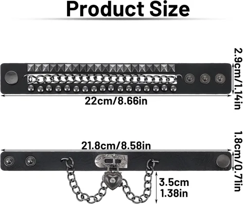 Miniatura 2 de Grevosea Pulsera de remache, pulsera punk de cuero con colgante de corazón multicapa, brazalete negro ajustable con remaches para deportes de roca