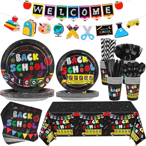 durony Juego de vajilla de 195 piezas para fiesta de regreso a clases: platos, servilletas, cubiertos, vasos, manteles y pancartas negras con