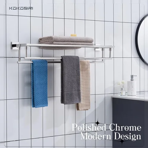 Miniatura 3 de KOKOSIRI Estante para Toallas de Baño, Porta Toallas de 32 Pulgadas con Barras de Toallas Dobles Montado en Pared, Acero Inoxidable Pulido Cromado
