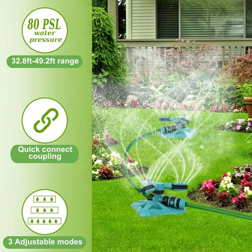 Miniatura 4 de Aspersor de césped, sistema de riego automático mejorado de 360 grados para jardín y césped, paquete de 2 rociadores de manguera de jardín azul