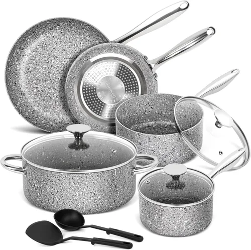 MICHELANGELO Juego de ollas y sartenes de 10 piezas, juego de utensilios de cocina con revestimientos de granito para resultados súper