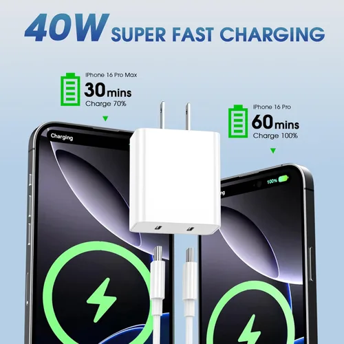 Miniatura 2 de Cargador para iPhone 17 Pro Max de carga rápida, 40 W Dual USB C Bloque de carga rápida con cable de carga tipo C de 6 pies para iPhone 17/17 Pro/17