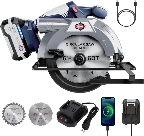 Sierra circular inalámbrica sin escobillas de 20 V 6-1/2 pulgadas con freno, 5600 RPM, kit de sierra circular de batería de 4.0Ah con cargador