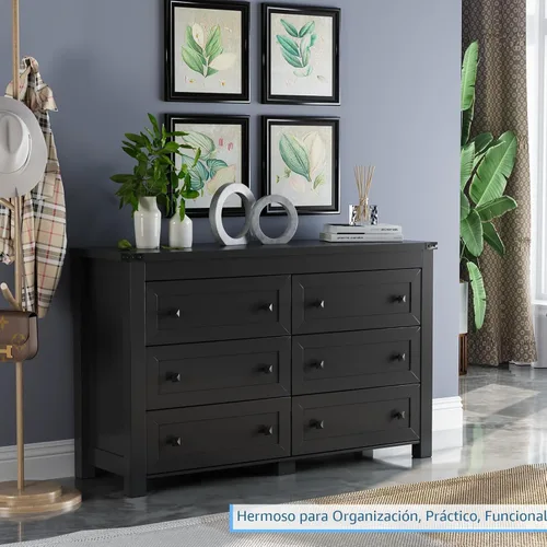 Miniatura 2 de HUANLEGO Cómoda negra para dormitorio con 6 cajones, cómoda moderna, cómoda de madera, muebles de dormitorio, amplio organizador de almacenamiento