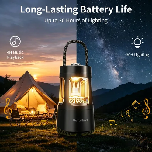 Miniatura 9 de Revonext - Linterna de campamento con altavoz Bluetooth, altavoz inalámbrico impermeable para exteriores con luz ambiental de doble color, altavoz
