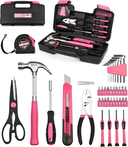 Juego de 40 herramientas de color rosa para niñas, mujeres y mujeres, kit de herramientas manuales de 40 piezas para el hogar en general, con caja