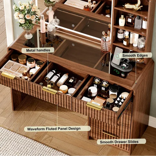 Miniatura 5 de Escritorio de maquillaje de 47 pulgadas con espejo y luces, escritorio de tocador con 7 cajones y estantes de almacenamiento, mesa de tocador