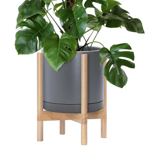 Miniatura 45 de D'vine Dev Maceta de cerámica con soporte de ébano – Maceta redonda moderna de 8 pulgadas con soporte para maceta de madera, color negro, 55-B-M-2