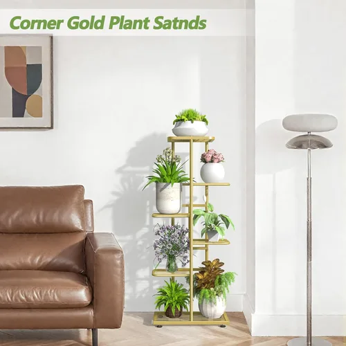 Miniatura 7 de Soporte para plantas de 6 niveles dorado para interiores y exteriores, estante de metal para esquinas actualizado para múltiples plantas
