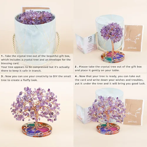 Miniatura 3 de ZenBless Árbol de 7 piedras curativas de chakra, hojas de amatista envueltas en alambre sobre base de rebanadas de ágata natural, decoración de Feng