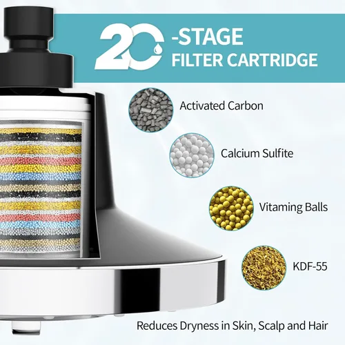 Miniatura 2 de SR SUN RISE Cabezal de ducha filtrado con filtros, filtro de cabezal de ducha de 20 etapas para agua dura, cabezal de ducha de alta presión con Cromo