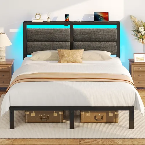 Miniatura 10 de Rolanstar Marco de cama matrimonial con cabecero, marco de cama matrimonial con luces LED, camas cama tamaño matrimonial con estación de carga