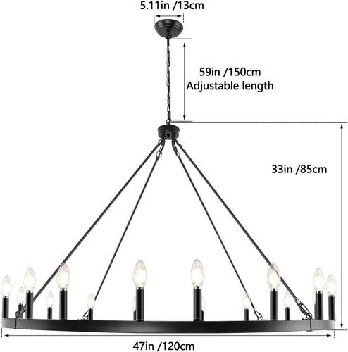 Miniatura 6 de LynPon Candelabro Negro de Rueda de Vagón 119 cm, 16 Luces, Candelabro Moderno de Granja, Candelabro Grande Rústico de Techo Alto Redondo, Fixture