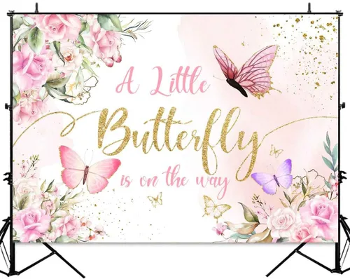 Miniatura 2 de Sensfun Telón de fondo de mariposa para baby shower con texto en inglés "A Little Butterfly is on the Way" (La pequeña mariposa está en camino)